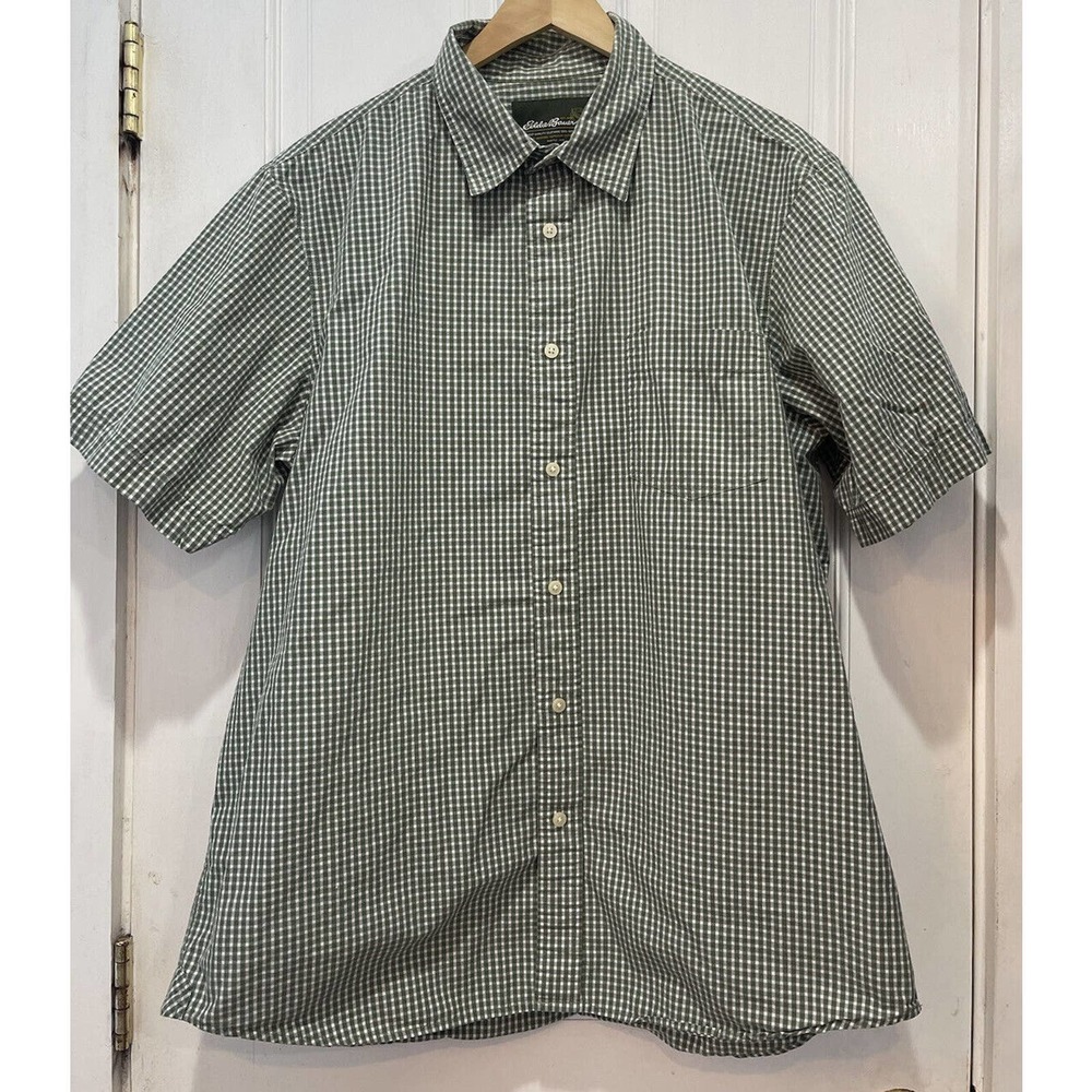 Eddie Bauer Green Gingham Short Sleeve Button Down 100% Cotton Men’s Size Large